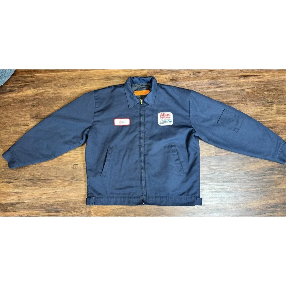 Vintage 1980s Men's Blue Gas Station Work Jacket Zip Up Atlas Van Lines Sz L